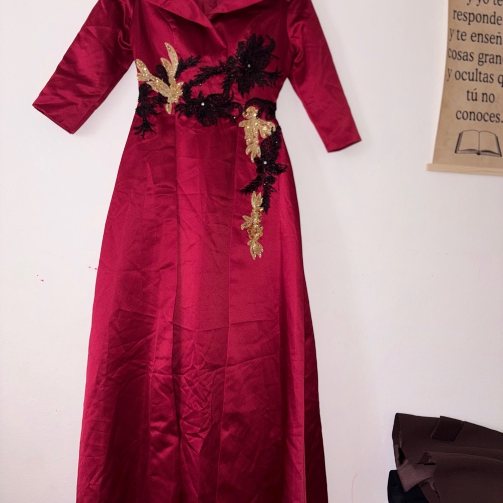 Red Satin Long-Sleeve Evening Dress with Appliqué Detail - Picture 8 of 15